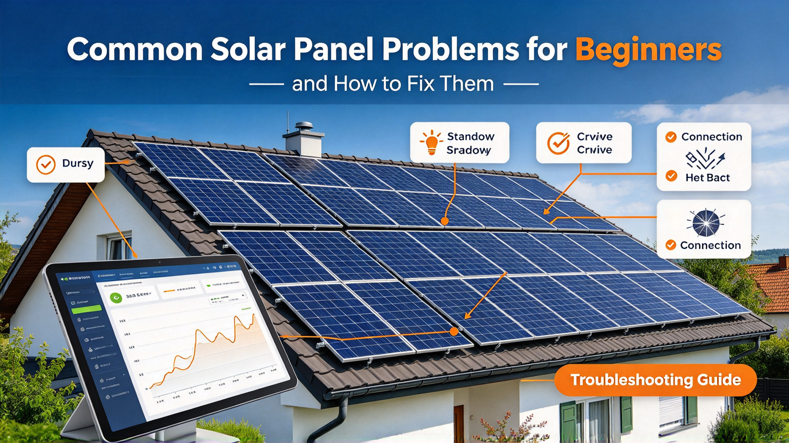 Homeowner inspecting dusty solar panels for soiling and new shade from a tree