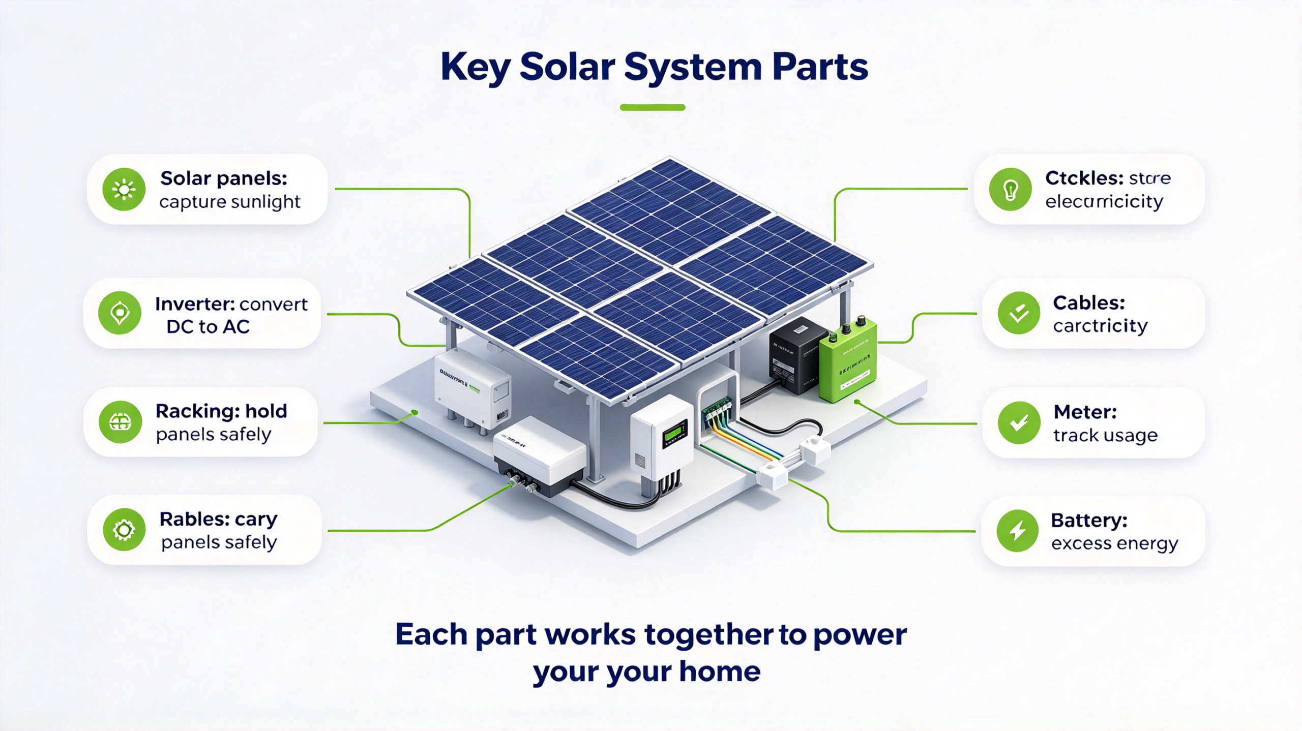 Solar system components - panels, inverter, racking and disconnect switches labelled
