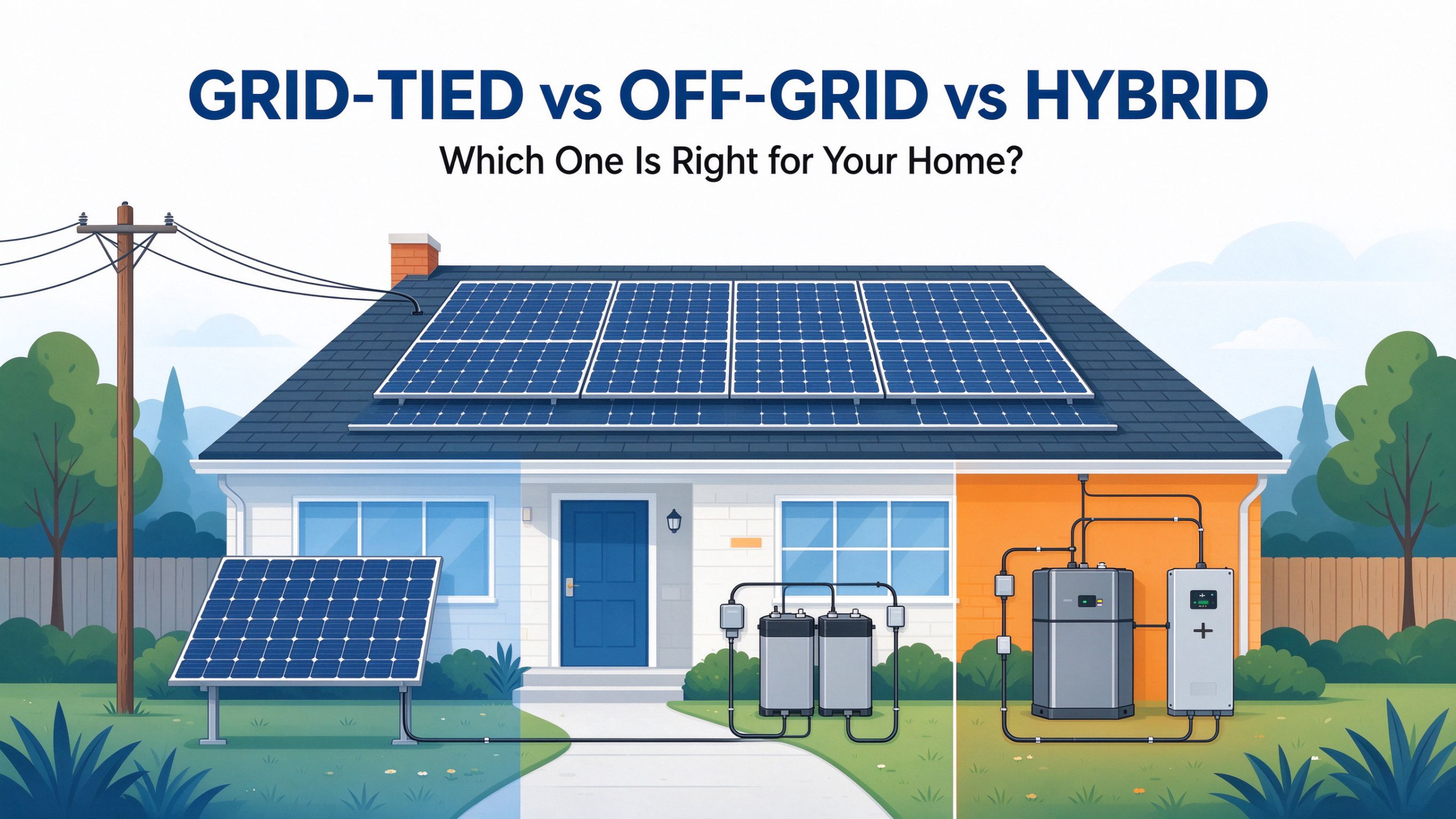 Diagram comparing grid-tied, off-grid and hybrid solar systems for a home