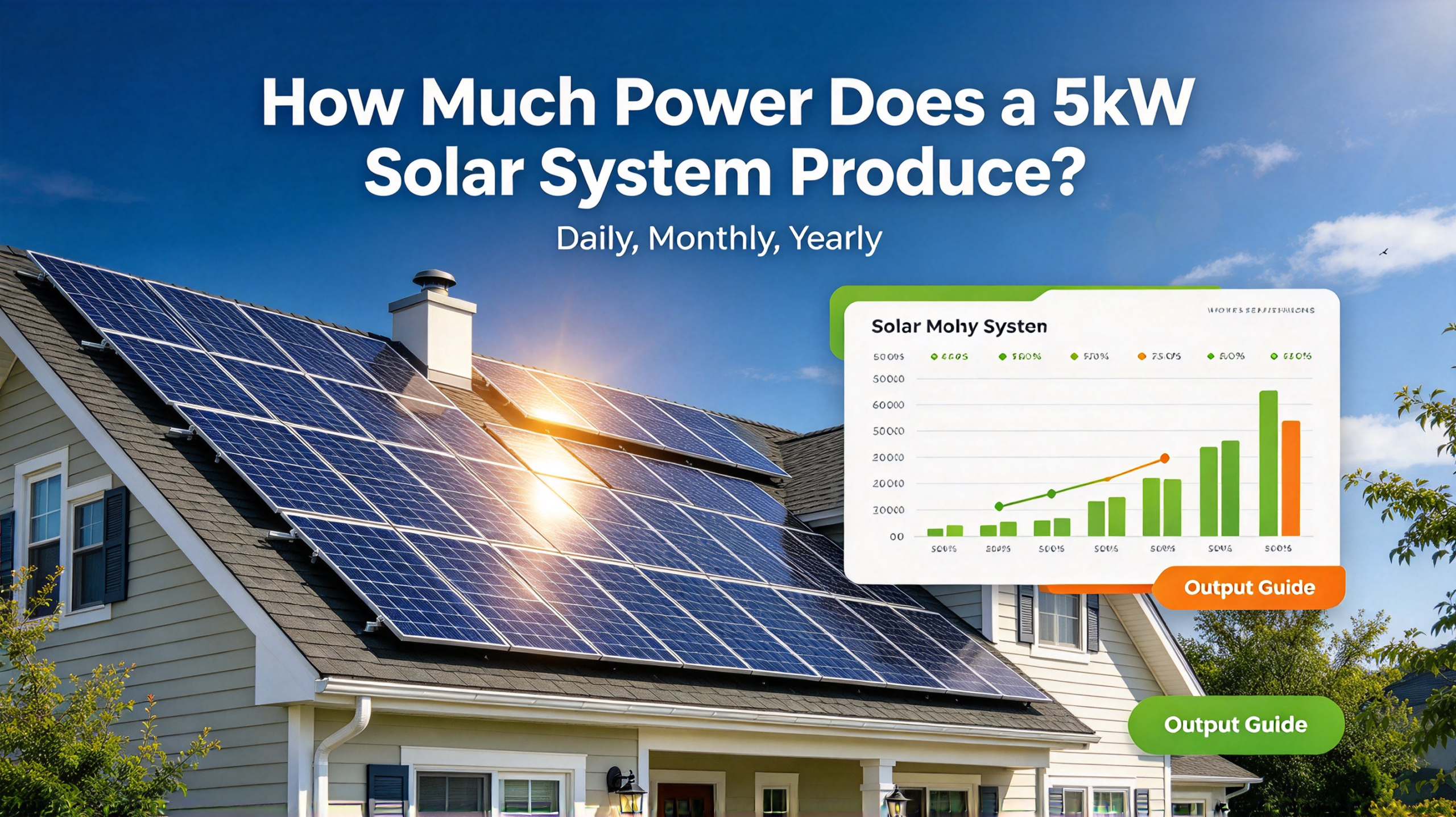 Roof-mounted 5 kW solar array with a monitoring app showing daily production
