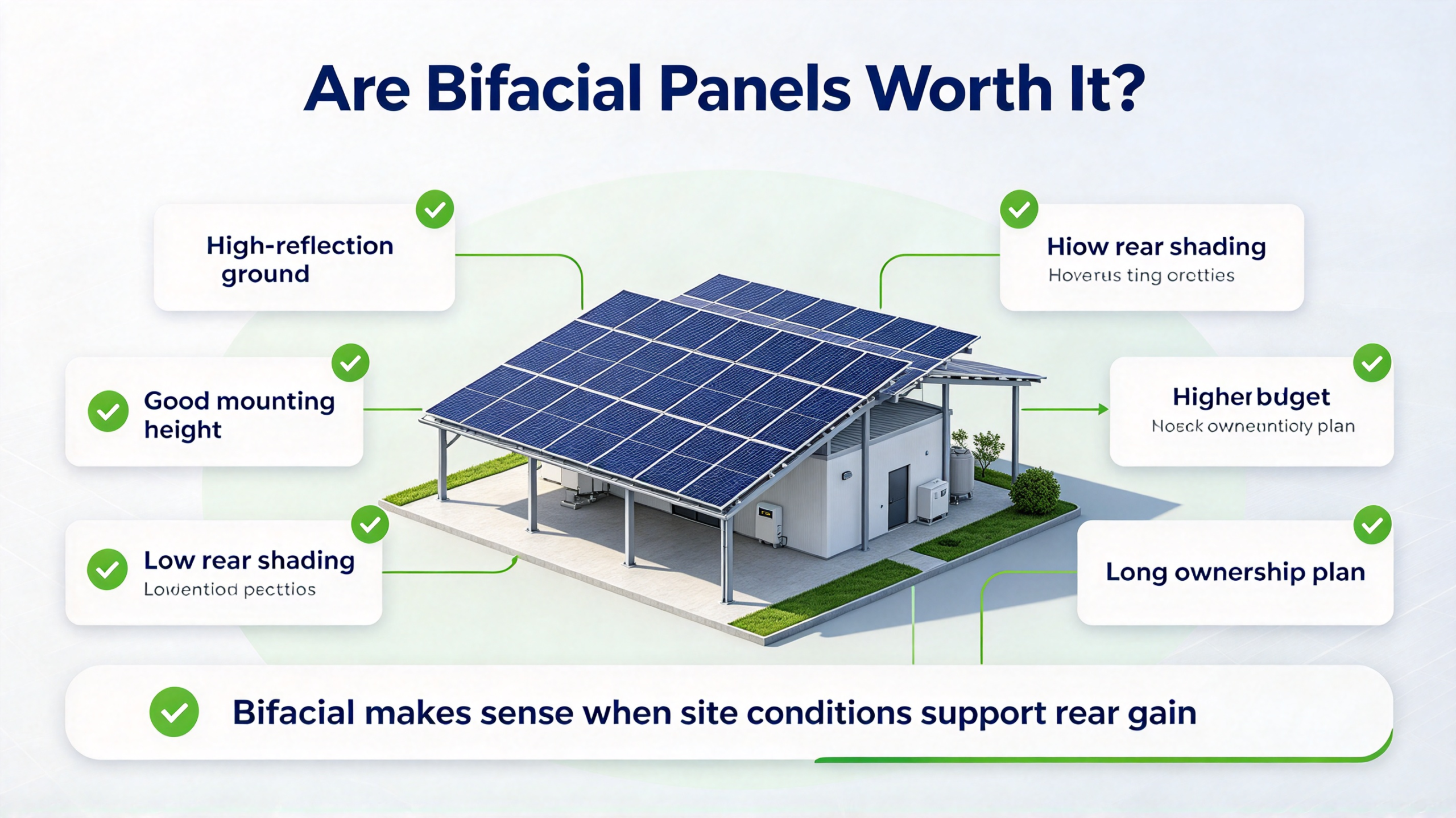 Bifacial solar panels mounted on an elevated ground rack above light gravel