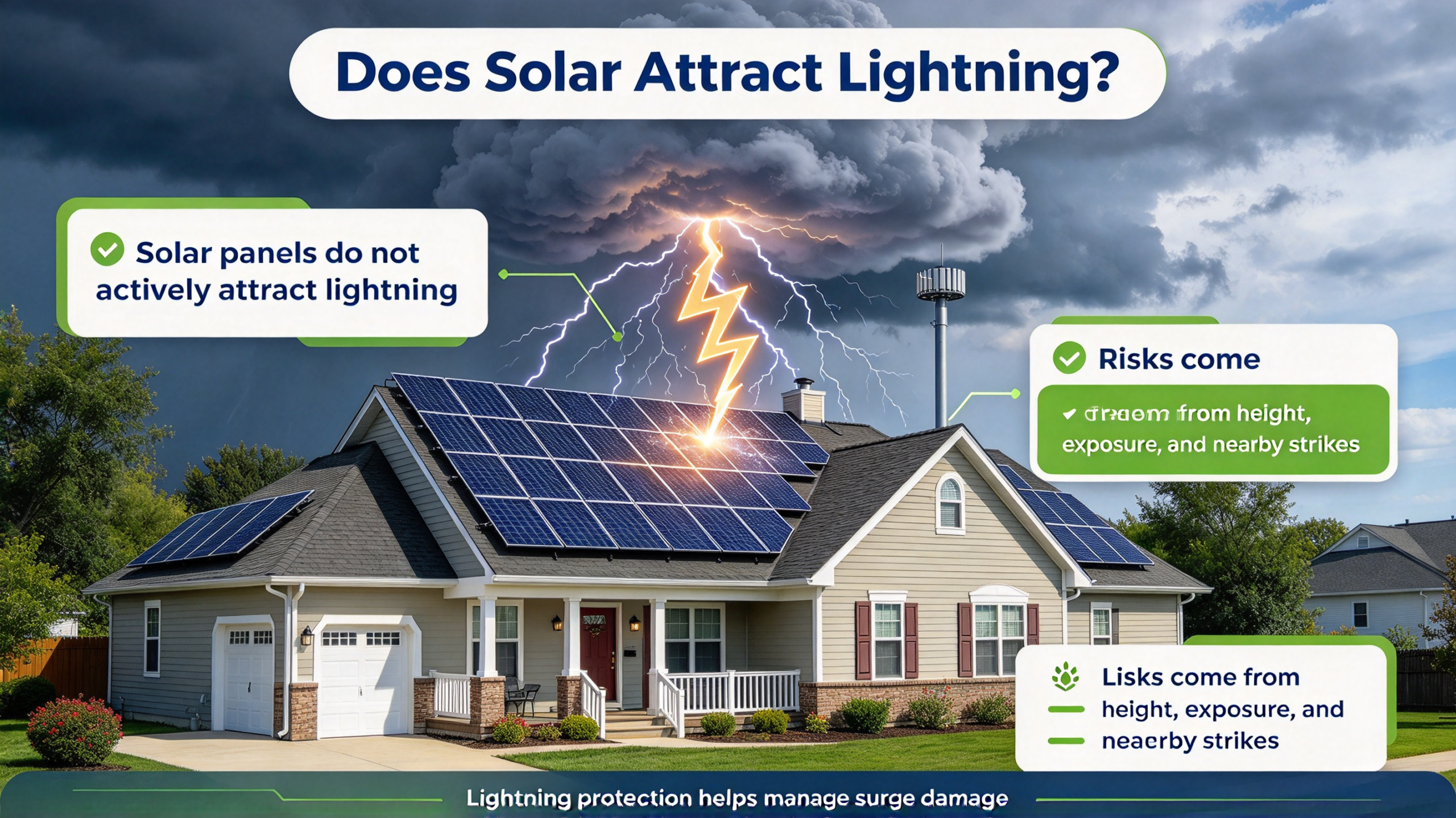 Rooftop solar array with a lightning strike in the distance over a residential neighbourhood