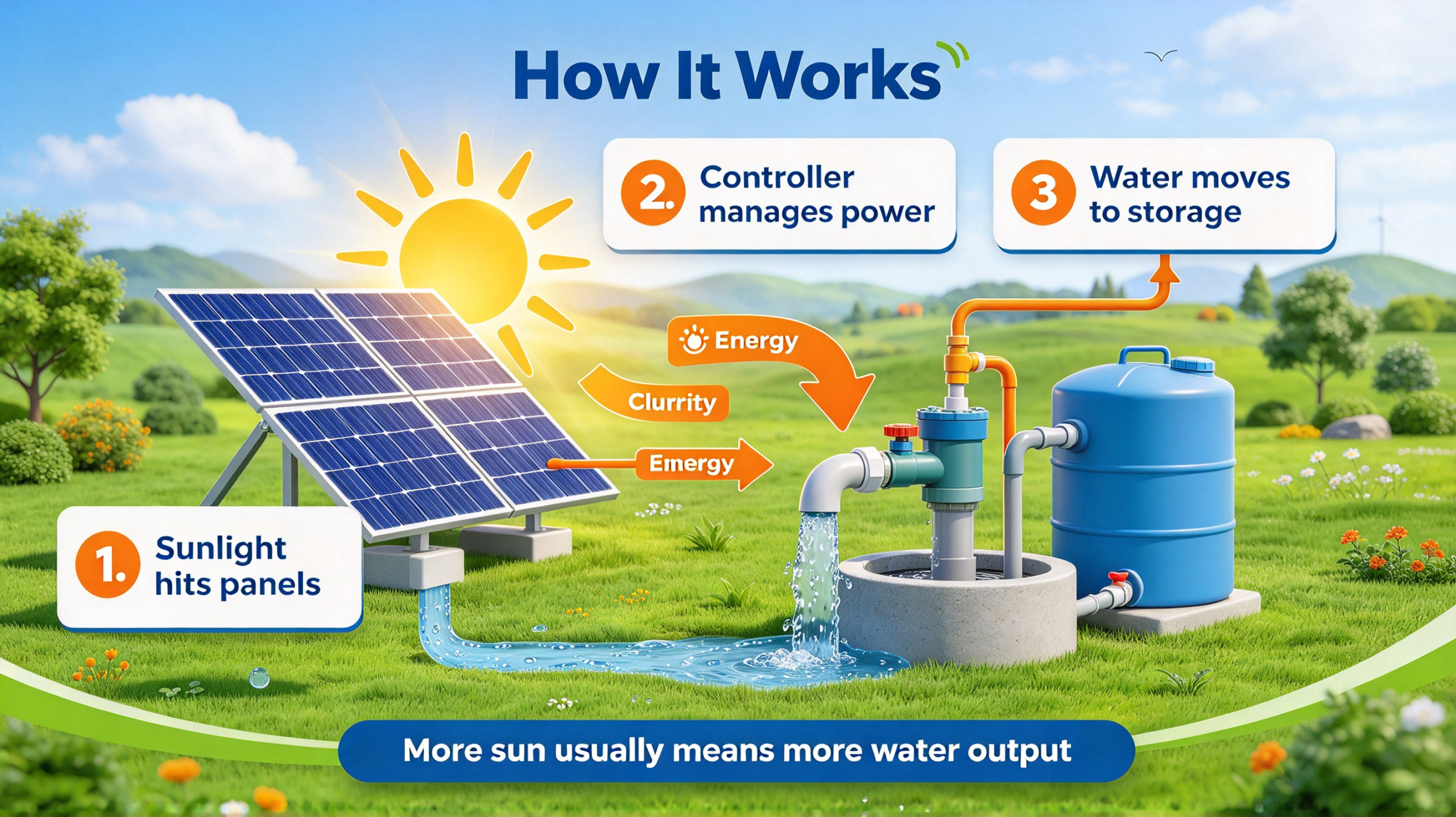 Solar water pump controller and solar panels beside a rural wellhead