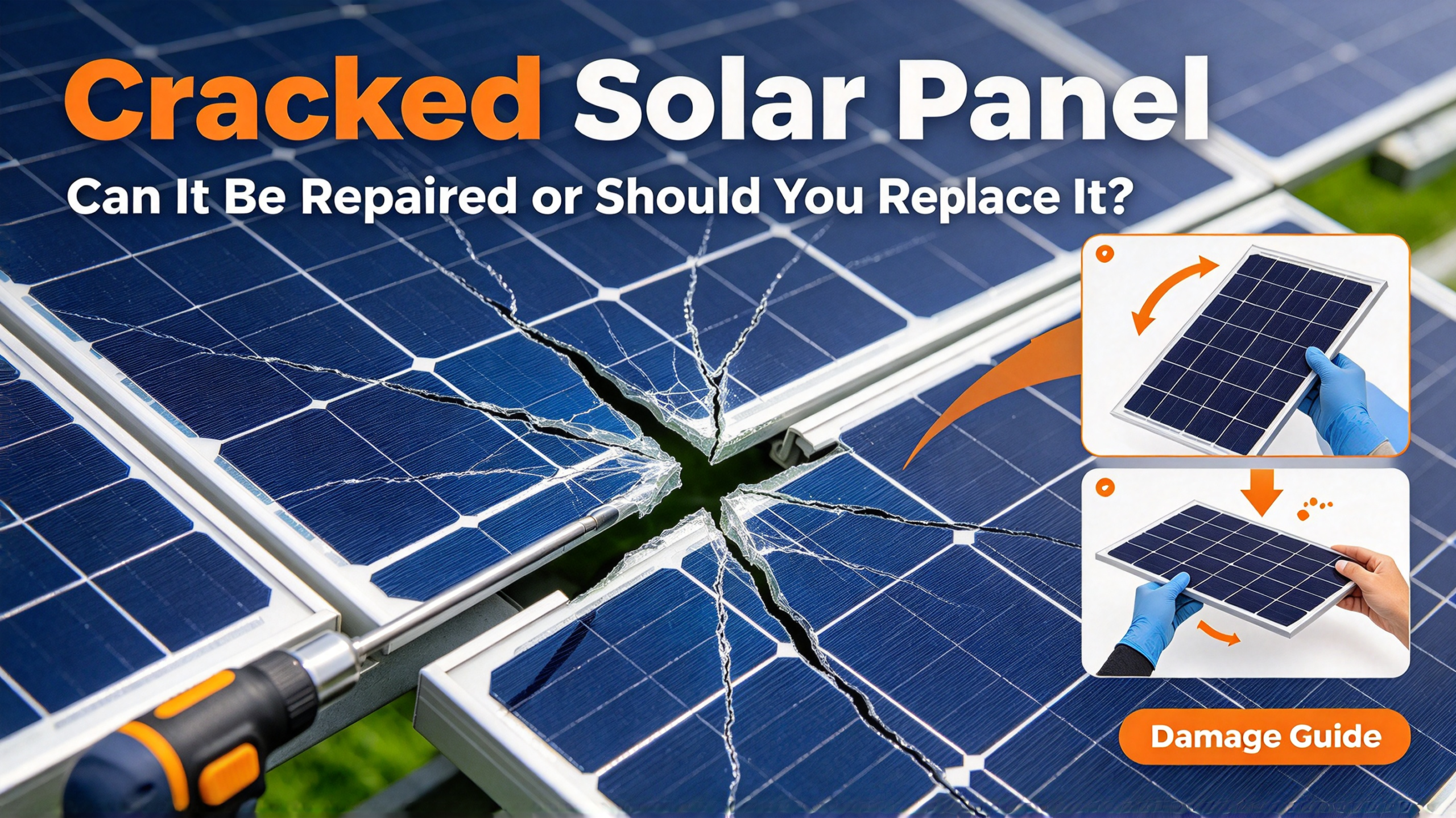 Cracked solar panel glass with a spiderweb fracture over the cells