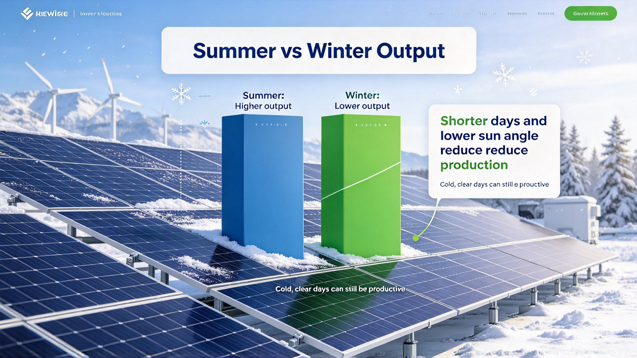 Snow-covered rooftop solar array on a clear winter day