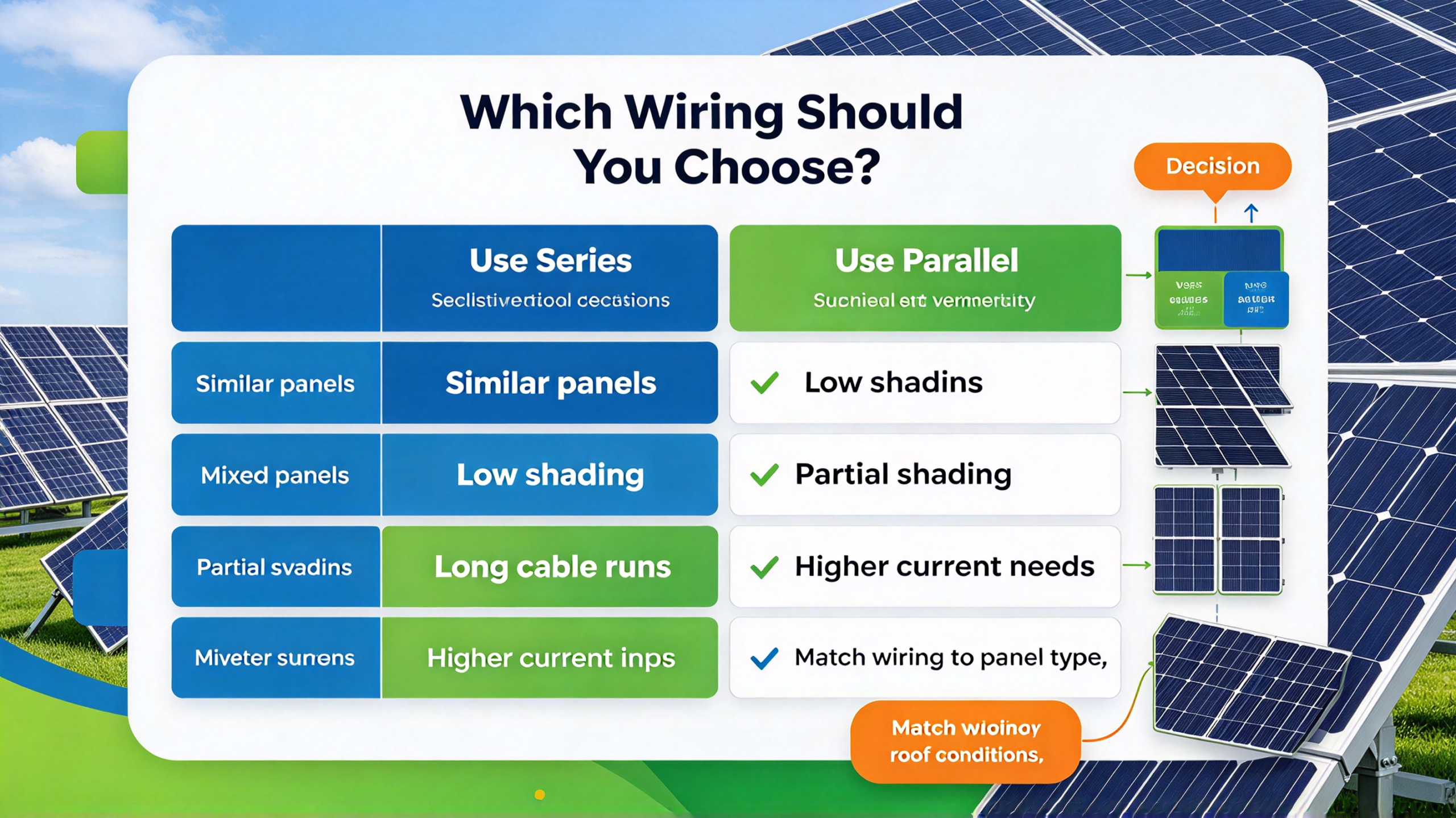 Diagram comparing series and parallel solar panel wiring on two arrays