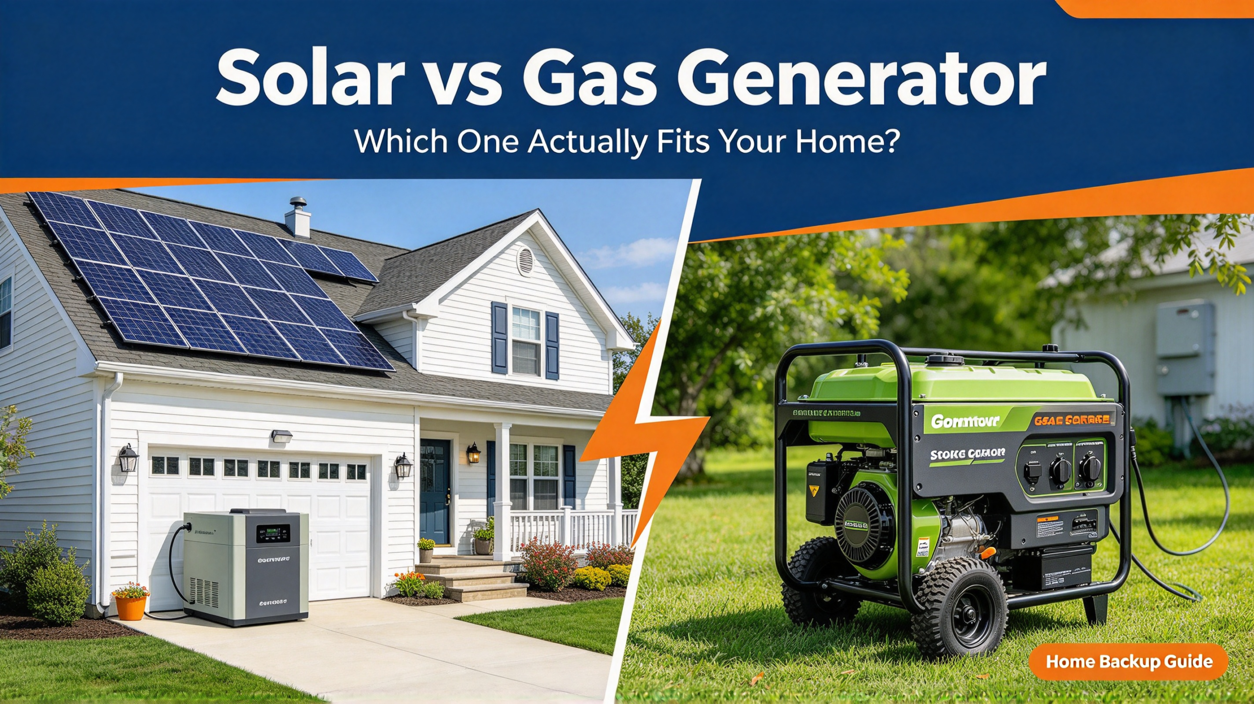 Portable solar power station next to a small gas generator on a garage floor